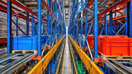 Brightly Colored Storage Containers in a Modern Warehouse Aisle Surrounded by Steel Racking and Pallets