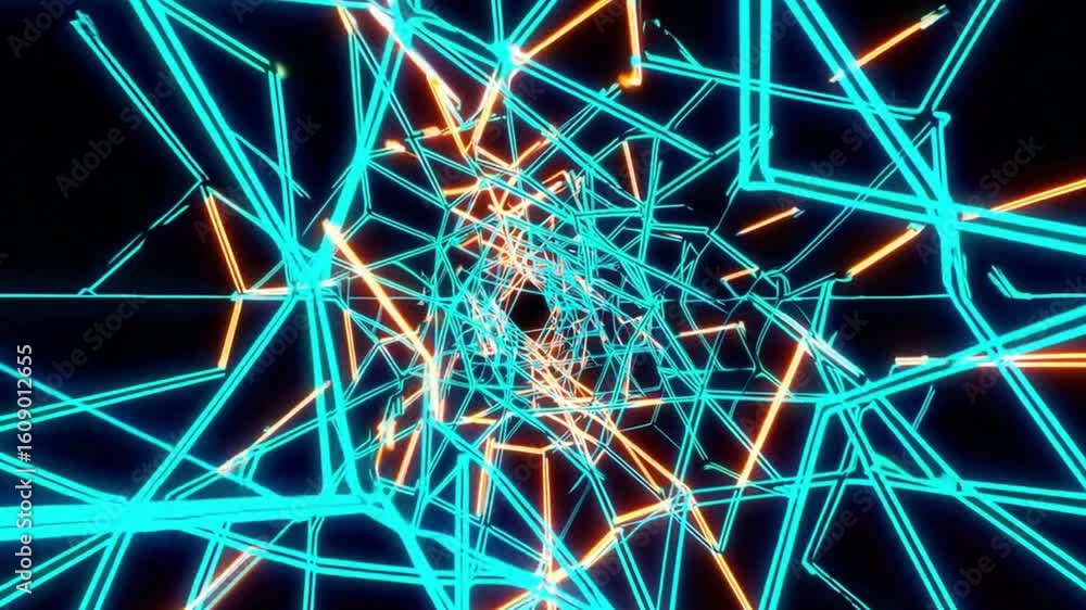Poster abstract tunnel composed of luminous lines in shades of teal and orange. the tunnel converges toward