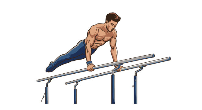 Cartoon gymnast performing on parallel bars with muscular physique and blue wristband.