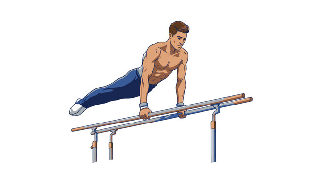 Cartoon Gymnast Performing on Parallel Bars with Blue Pants and White Shoes.