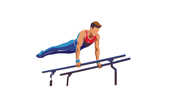 Gymnast Performing on Parallel Bars with Red and Blue Outfit.