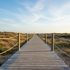 Fototapeta premium Wooden Boardwalk Leads to Coastal Dunes Under a Blue Sky