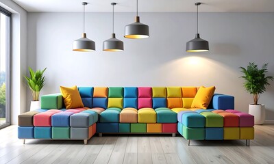 Vibrant Modular Sectional Sofa in a Modern Living Room with Stylish Industrial Pendant Lighting