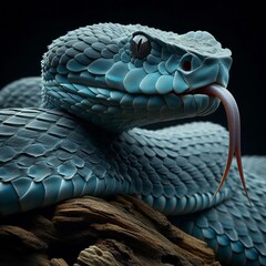 Blue Viper Snake Resting on Woods in the Jungle with Tongue Out, close up, mesmerising portrait mode, wildlife photography.
