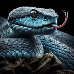 Blue Viper Snake Resting on Woods in the Jungle with Tongue Out, close up, mesmerising portrait mode, wildlife photography.