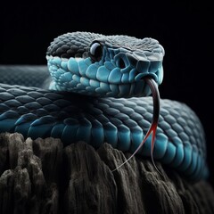 Blue Viper Snake Resting on Woods in the Jungle with Tongue Out, close up, mesmerising portrait mode, wildlife photography.