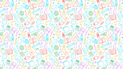 Seamless pattern featuring school supplies in various colors on a white background design style