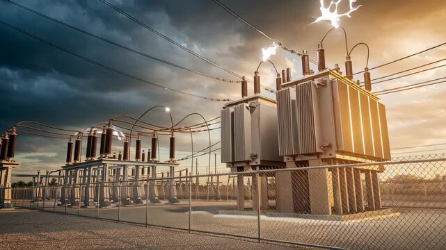 Electrical Substation with Transformers and Power Lines Capturing Industrial Infrastructure Essential for Electricity Under Dramatic Sky