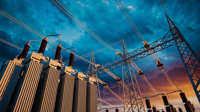Powerful Electrical Substation with Transformers and High Voltage Equipment Energy Infrastructure Under Dramatic Sky
