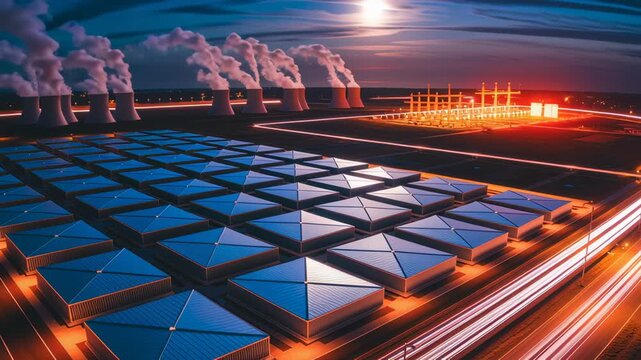 Futuristic Industrial Complex Solar Panels and Cooling Towers Under Night Sky with Advanced Technology and Sustainability