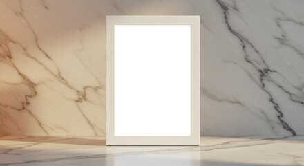 A blank creamcolored rectangular frame stands on a marble surface
