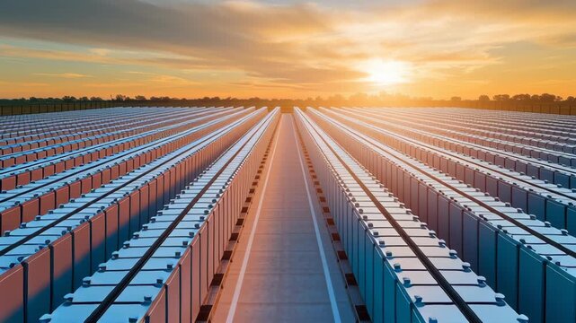 Vast Array of Solar Panels Stretching Towards Horizon Under Vibrant Sunset Symbol of Renewable Energy and Sustainability