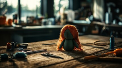 Handmade fabric doll sitting on a wooden table surrounded by sewing materials