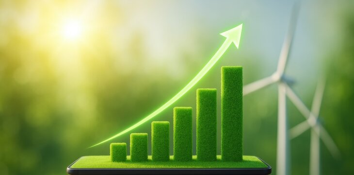 Eco-Friendly Growth: A dynamic visual showcasing the upward trajectory of green business practices and sustainable progress, against the backdrop of renewable energy and a verdant environment.