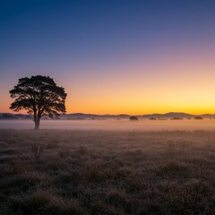 Lone Tree in Golden Meadow at Sunrise