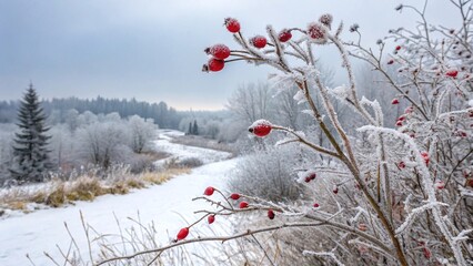 Scenic Snowy Road in Winter Forest with Frosted Trees and Bright Berries