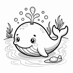 Cute Baby Whale in Water Fun Ocean-Themed Coloring Page

