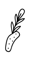 Minimilist illustration of a stylized root vegetable with leaves and small dots in black outline on white background vector