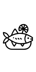 Minimilist outline drawing of a fish on a plate with a lemon slice on top in black and white simple design vector