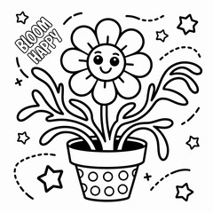 Kawaii Potted Flower with Stars  Inspirational Coloring Art


