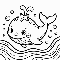 Happy Whale with Starfish  Fun Marine Coloring Sheet

