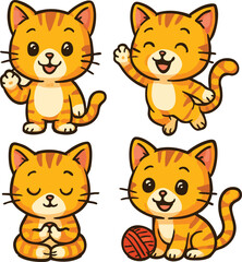 Obraz premium Cute ginger cat cartoon character set. cartoon, vector, set, character, cute, kawaii, pet, animal, illustration