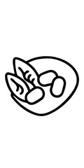 Minimilist outline drawing of a plate with oval shaped food items and leafy greens in black and white style vector