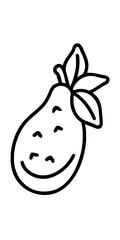 Minimilist a cheerful pear with leaves and a smiley face in a simple black outline drawing on a white background vector