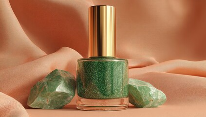 Emerald green nail polish bottle, gold cap,  with jade stones on peach background