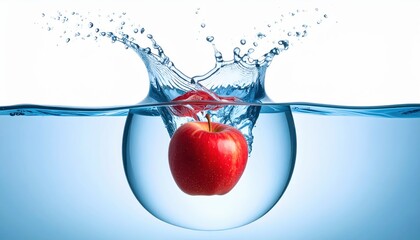 Red Apple Plunging into Water, Creating Dynamic Splash and Bubbles