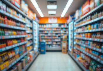 Inside a brightly lit modern grocery store aisle with shelves stocked full of various products