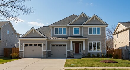 Fototapeta premium Inside Look: Real Estate Exterior Front House on a sunny day. Big custom made luxury house with nicely landscaped front yard and driveway to garage in suburbs. Modern designed home