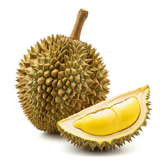 Whole durian and cut showing yellow flesh on white background