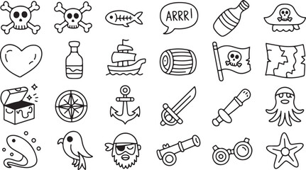 Pirate Adventure Icons Set Vector Illustration in Doodle Style Outline Art