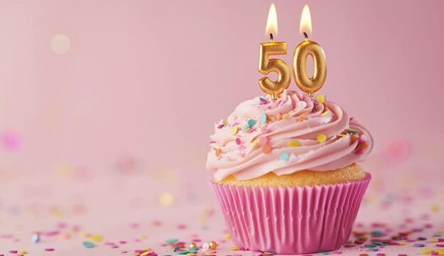 Golden number candles 50 burn brightly atop festive cupcake. Pink frosting swirled high, adorned with colorful sprinkles. Perfect for 50th birthday or anniversary celebration - Powered by Adobe