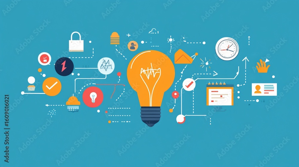 Poster conceptual idea generation: lightbulb with connected icons representing creativity