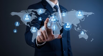 Global business network with holographic connections. Digital illustration of professional connectivity. Futuristic tech theme with world map.