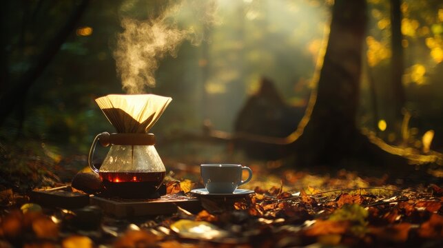 Natural campsite coffee ritual, brewing with simple gear on forest floor, soft light and earthy tones