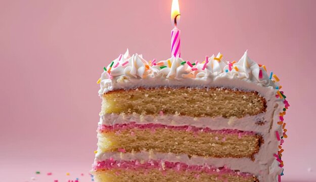 Slice birthday cake with candles, sprinkles, pink background. Festive delicious dessert for celebration, party, holiday. Sweet treat with white icing, colorful confetti