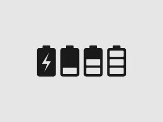 A row of four solid black battery icons against a light gray background