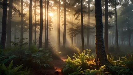 Sun Rays Through Misty Forest Trees at Sunrise – Peaceful Nature Landscape