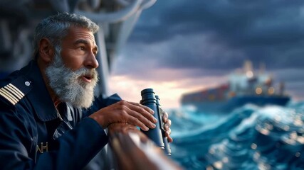 A captain surveys the vast ocean using binoculars during a rough sea voyage.