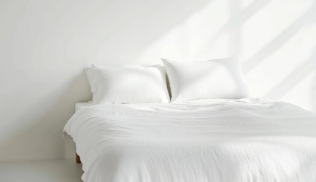 Pristine white bed with freshly made crisp sheets and pillows. This clean, comfortable, modern bedroom furniture offers serene relaxation and peaceful slumber in a minimalist home interior