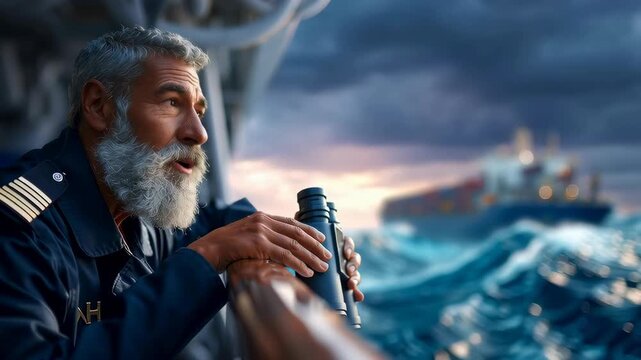 A captain surveys the vast ocean using binoculars during a rough sea voyage.