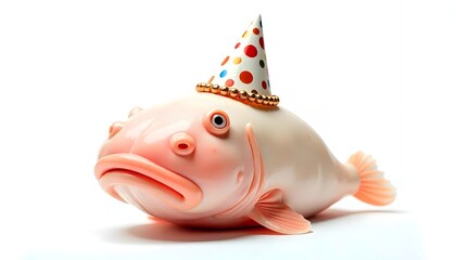 Funny sad blobfish wearing a colorful polka dot party hat isolated on a white background