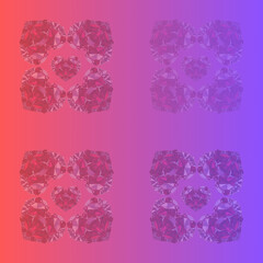 A vibrant repeating pattern of geometric crystal hearts on a romantic pink and purple gradient background.
