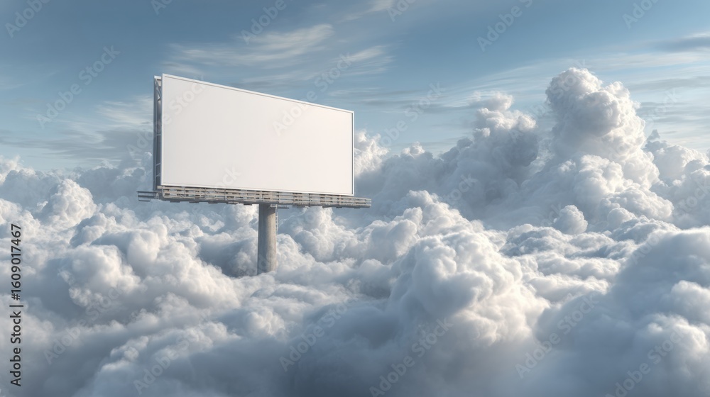Poster floating billboard suspended above clouds with surreal background and reserved space for advertiseme