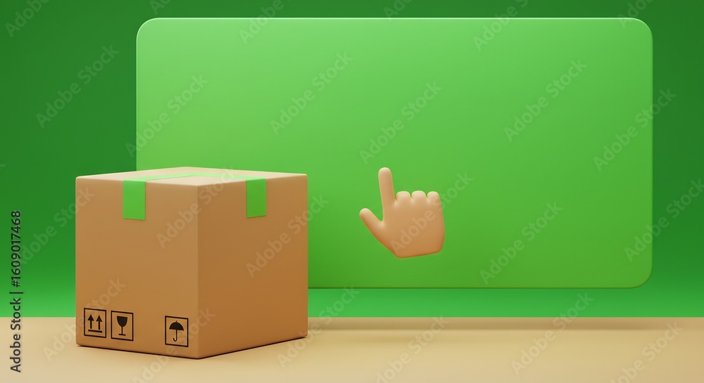 Aufkleber digital interface with hand cursor and packaged box in green background