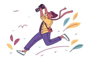 Joyful photographer captures fleeting moments with enthusiasm while leaping through a whimsical feather filled outdoor scene