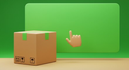 Digital Interface with Hand Cursor and Packaged Box in Green Background
